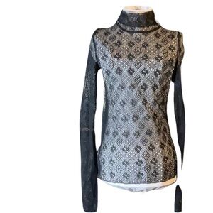 Free People Whimsigoth Dark Academia Sheer Lace Turtle Neck  Size XS
